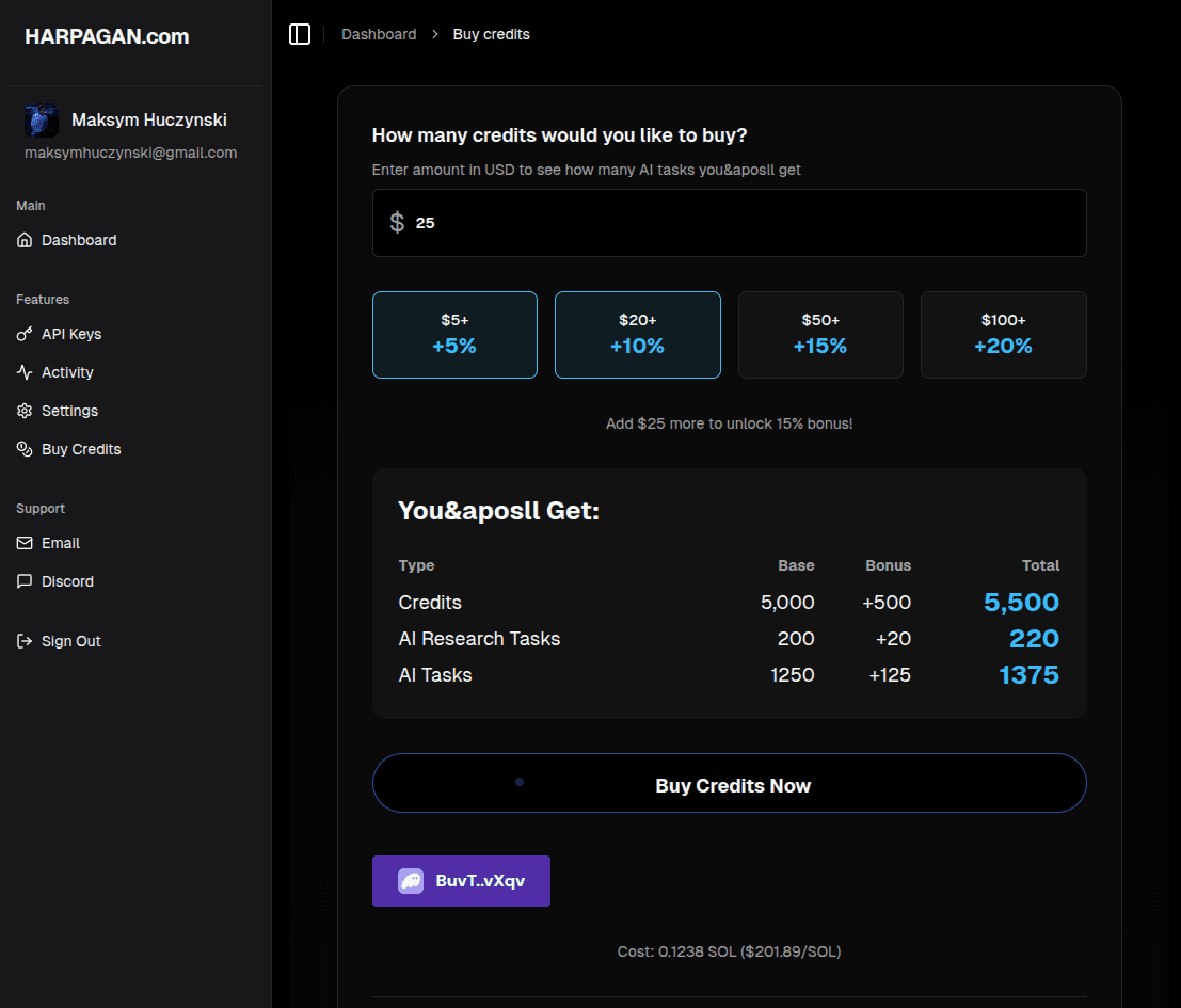 AI Visual Research Agent Harpagan. Pay per use with Solana wallet (Phantom)